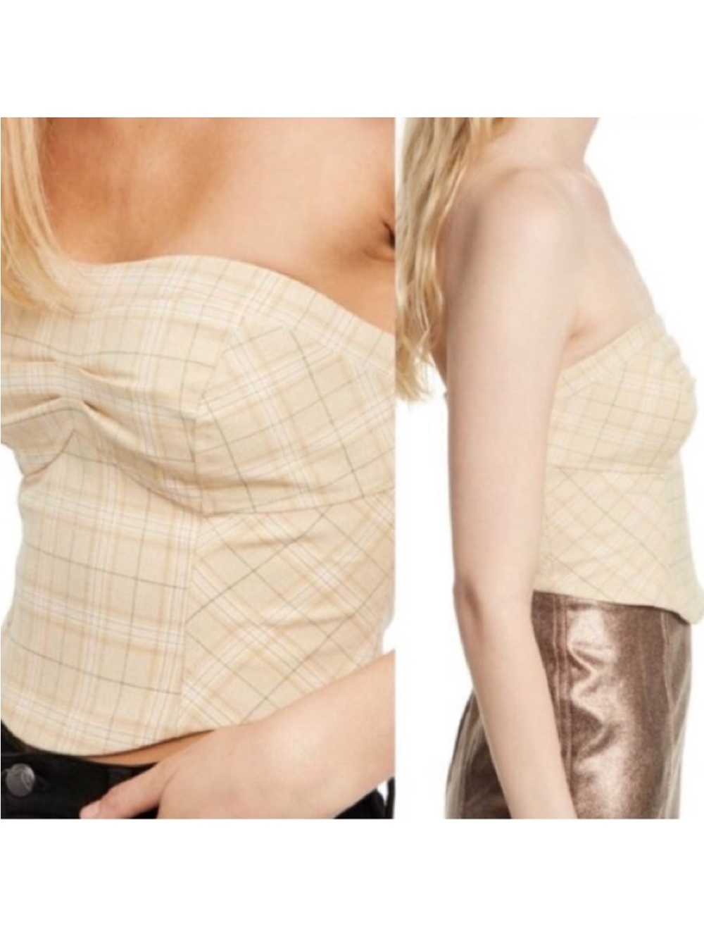 Free People Beige Plaid Strapless Bustier Top